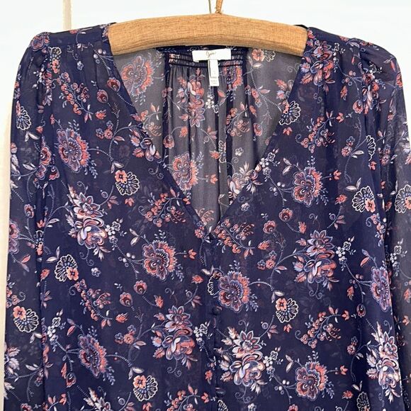 Joie S Navy Floral Silk Romantic Button Front Ruched Back Long Sleeve Blouse - Picture 3 of 12